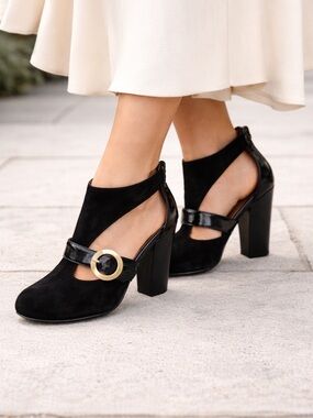 No704B Emtlia Black Suede & Patent Leather T-Strap Block Heel Pumps Gold Buckle